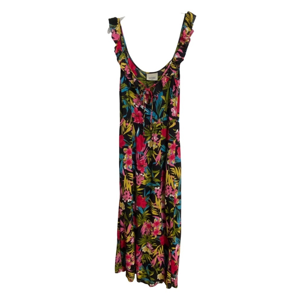 Lucy Love Black & Pink Tropical Maxi Dress Sweet Escape Maxi Dress, Ruffle Small